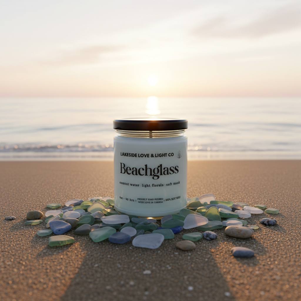 Beachglass candle on beach