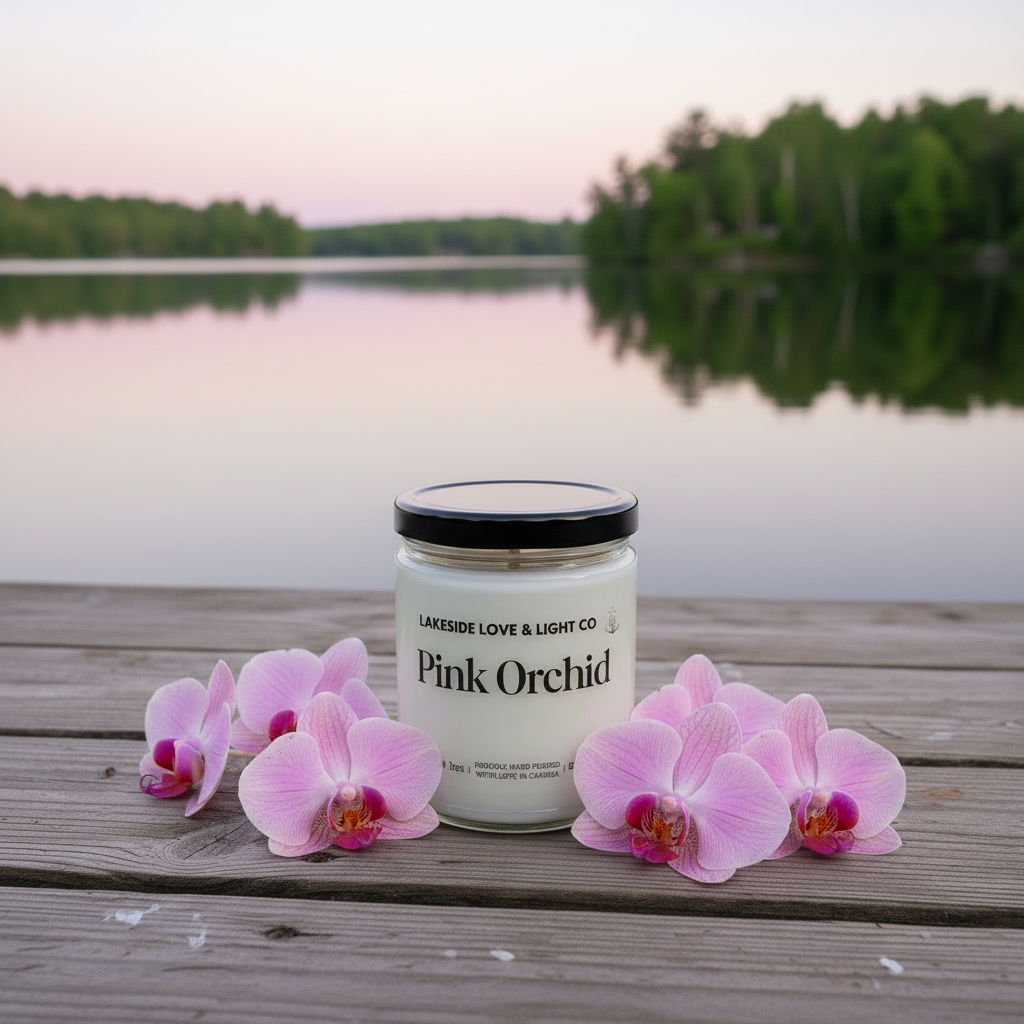 Pink Orchid candle with orchids on dock