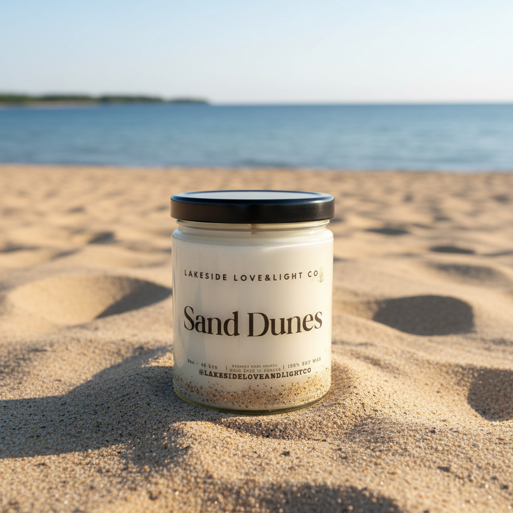 Sand Dunes Candle with Lake Background